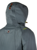 Alpinestars Morush Waterproof Parka, Urban Gray, detailed rear view of hood with snap-button anchor system and orange accents, lime green shoulder logo, waterproof urban motorcycle streetwear