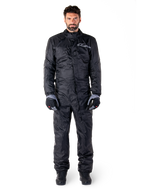 Alpinestars Hurricane Rain V2 Suit, Full-Body Motorcycle Rain Suit in Black, waterproof protective gear with high collar and front storm closure, featuring white logo on chest, worn with black and grey gloves and boots