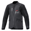 Alpinestars AMT-7 Air Jacket, Motorcycle Jacket, Black and Dark Shadow, MATRYX mesh ventilation panels on the chest, Red star logo with silver AMT branding, front zippered cargo pockets, textile adventure and road touring design