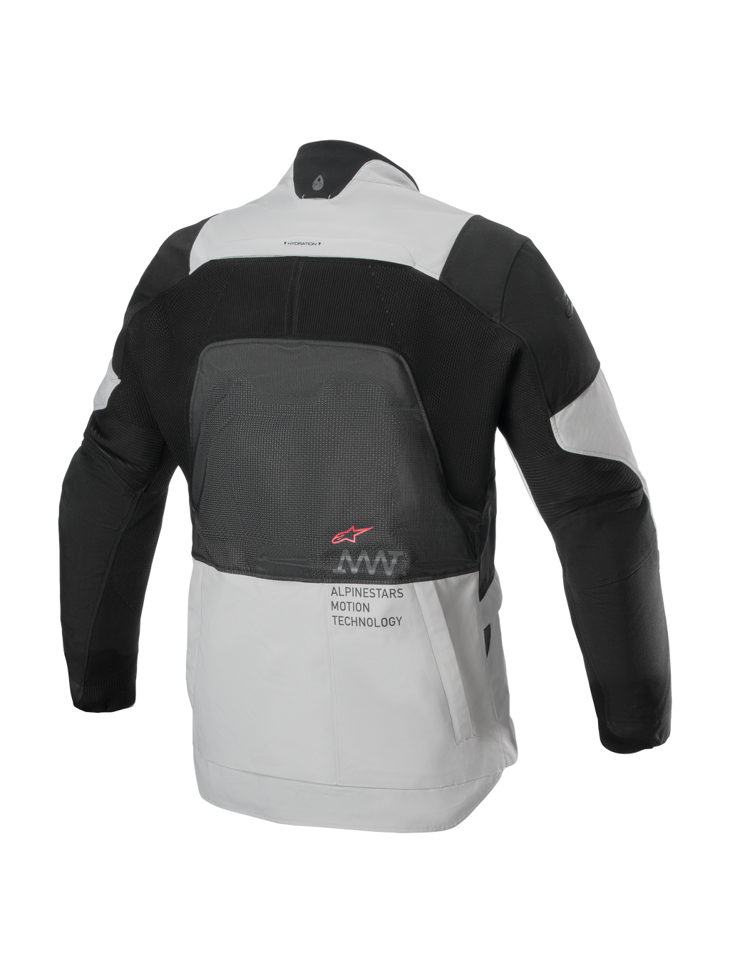 Alpinestars AMT-7 Air Jacket, rear view, Tan and Dark Shadow, technical motorcycle jacket with large MATRYX® mesh panel on the back, 'Alpinestars Motion Technology' text, and red logo, designed for summer adventure touring