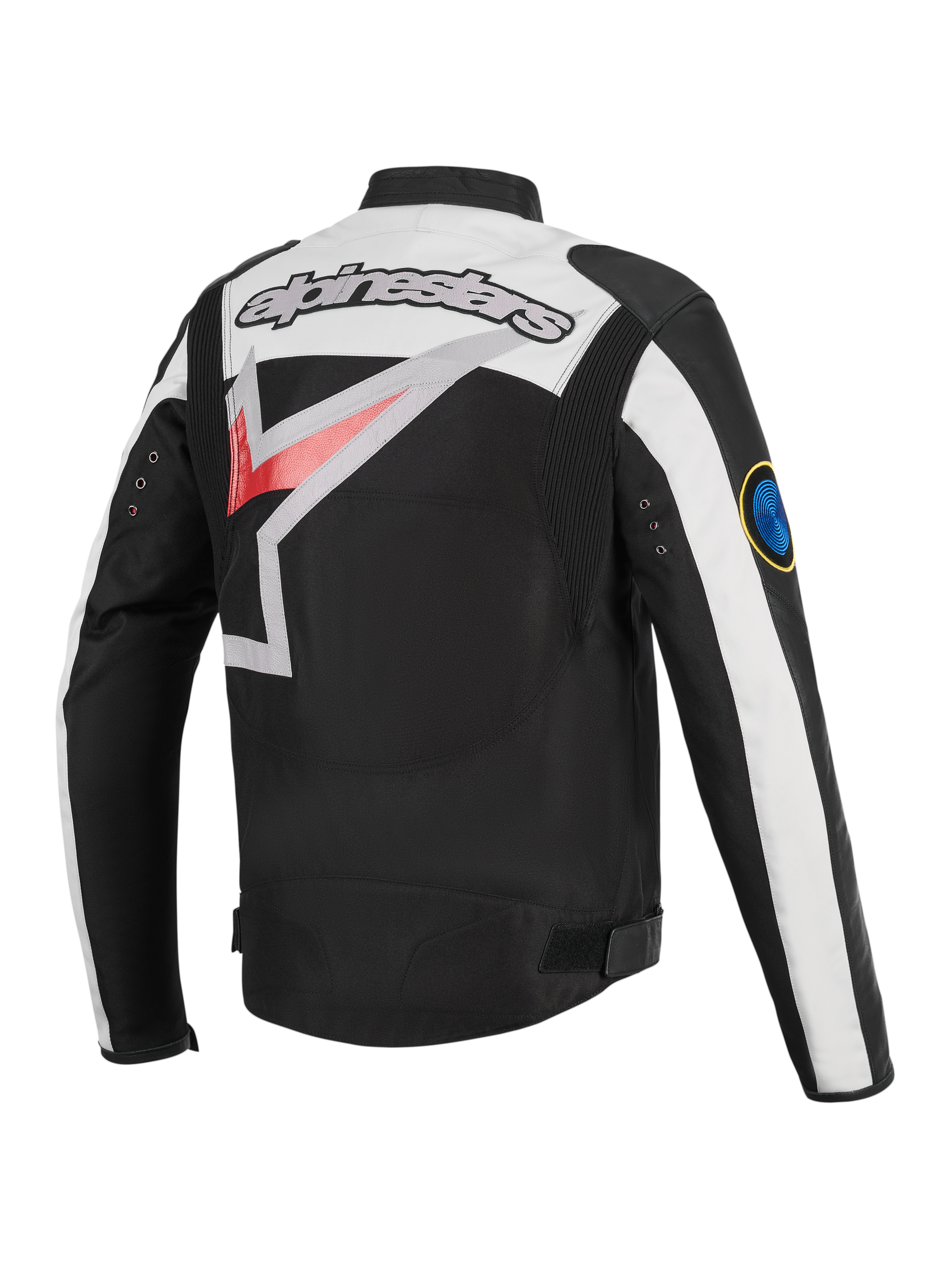 Alpinestars Axton Jacket, Motorcycle Jacket, Black Off White and Bright Red, rear view featuring a large wrap-around Alpinestars logo, accordion stretch panels on shoulders, and metal eyelet details, vintage-inspired racing aesthetic.