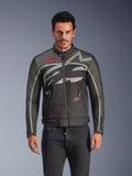 Alpinestars Axton Jacket, Men's Urban Motorcycle Jacket, Black and Anthracite with red accents, featuring a large wrap-around light gray graphic, red logo patches on the chest and pocket, front zipper and zippered cuffs, vintage-inspired racing design for street riding