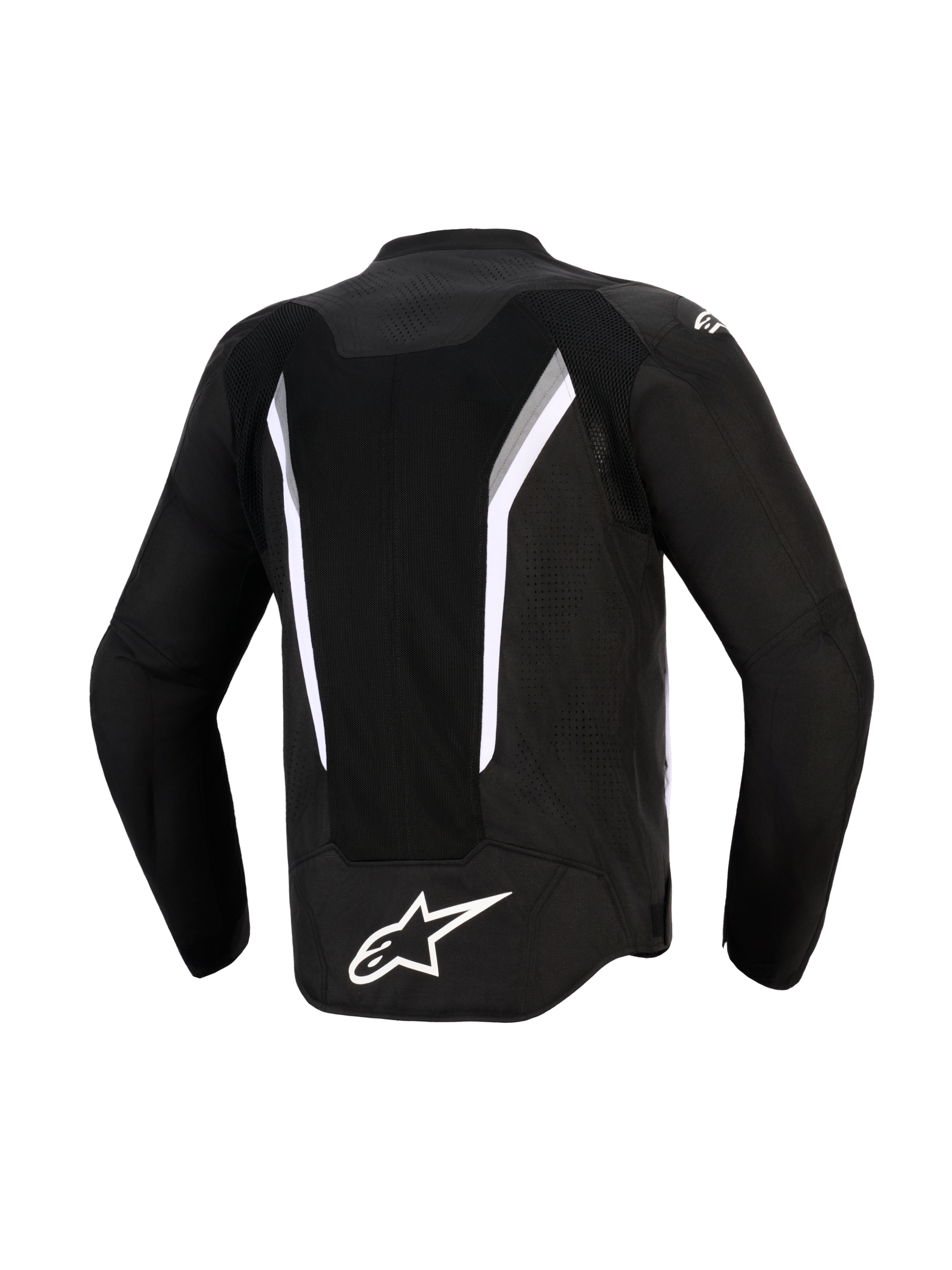 Alpinestars AST V3 Air Jacket, Back View, Black with White and Dark Gray accents, featuring a large mesh ventilation panel, white Alpinestars logo on the lower back, and laser-perforated zones, technical sport-fit motorcycle jacket