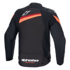 Alpinestars T-GP Plus R V4 Jacket, Back view, Black and Red Fluo, Textile Sport Motorcycle Jacket, featuring white Alpinestars logo on upper back and lower hem branding, diagonal red stripes across shoulders and back, pre-curved sleeves.
