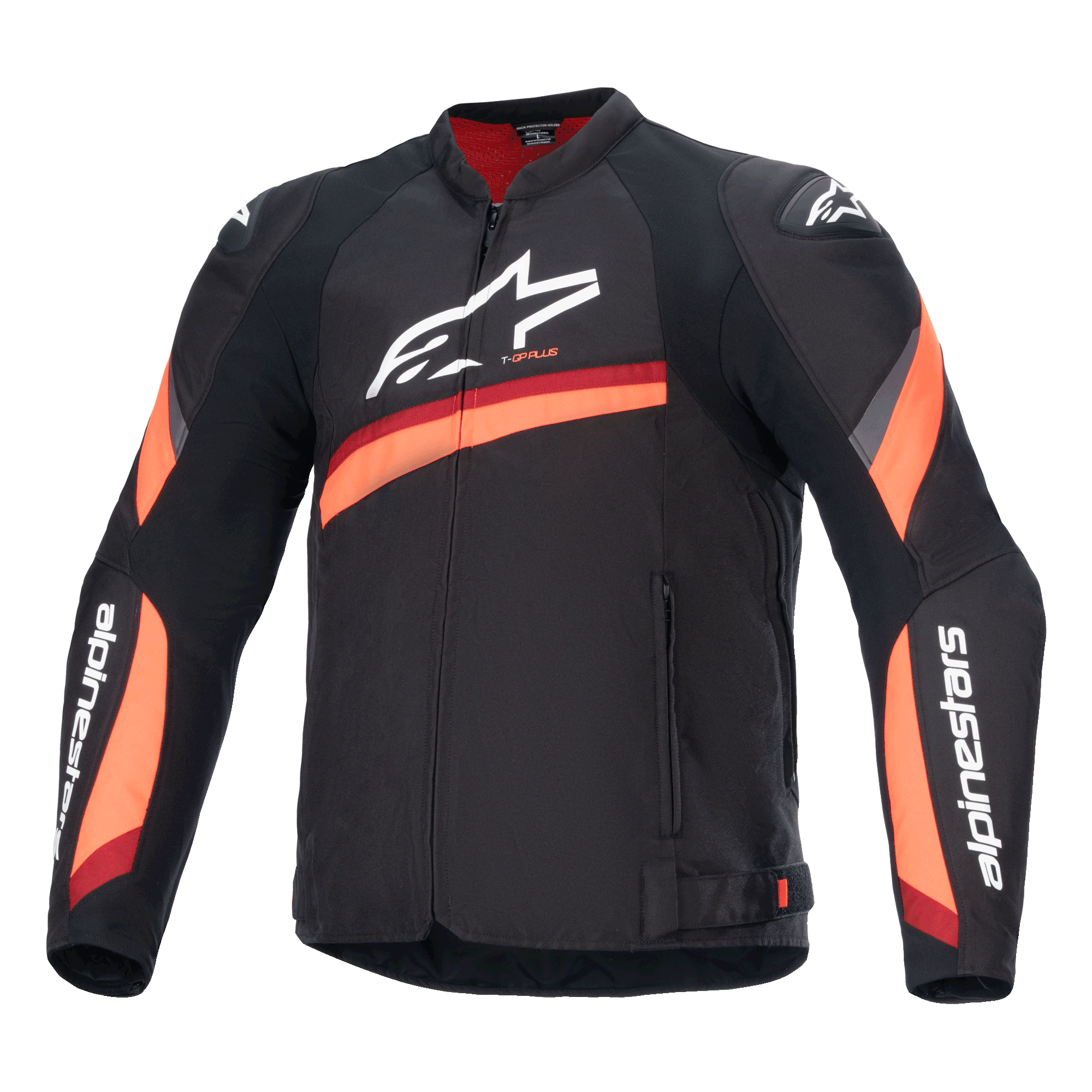 Alpinestars T-GP Plus R V4 Jacket, Black motorcycle jacket with red and fluo orange stripes, large white logo on chest, sporty textile design with red collar lining and branded sleeves, high-performance sport riding gear