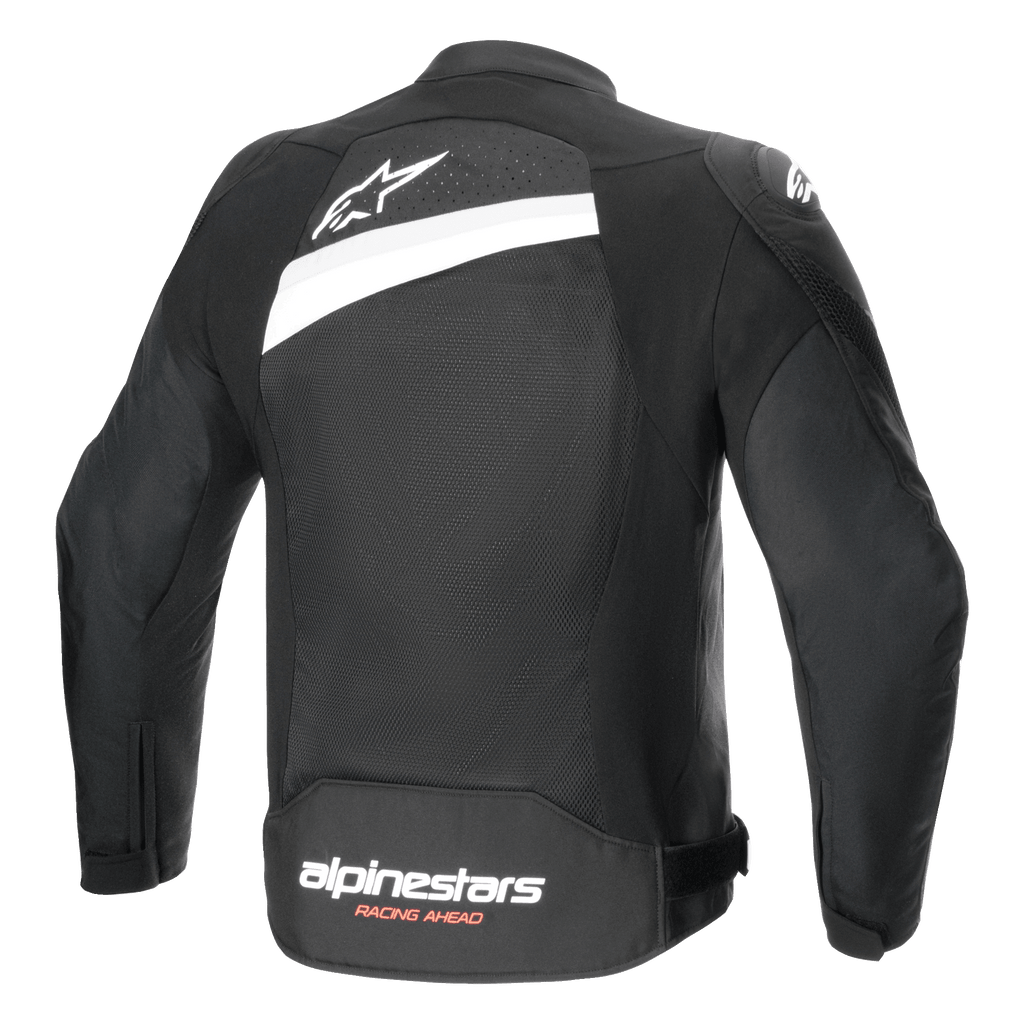 Alpinestars T-GP Plus R V4 Airflow Jacket, Textile Motorcycle Jacket, Black and White, back view featuring extensive mesh panel, white star logo on upper back and Alpinestars Racing Ahead branding on lower back, sport fit design for ventilation