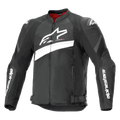 Alpinestars T-GP Plus R V4 Airflow Jacket, Textile Motorcycle Racing Jacket, Black and White, featuring a large white Astar logo on the chest, perforated mesh panels for ventilation, red interior lining, and DFS Lite shoulder protectors