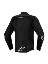 Alpinestars T-GP Air Jacket, Back View, Black, featuring a large white star logo on the lower back and 'T-GP AIR' branding, mesh and laser-perforated panels for airflow, and external sliders on the elbows, sport-derived textile riding jacket