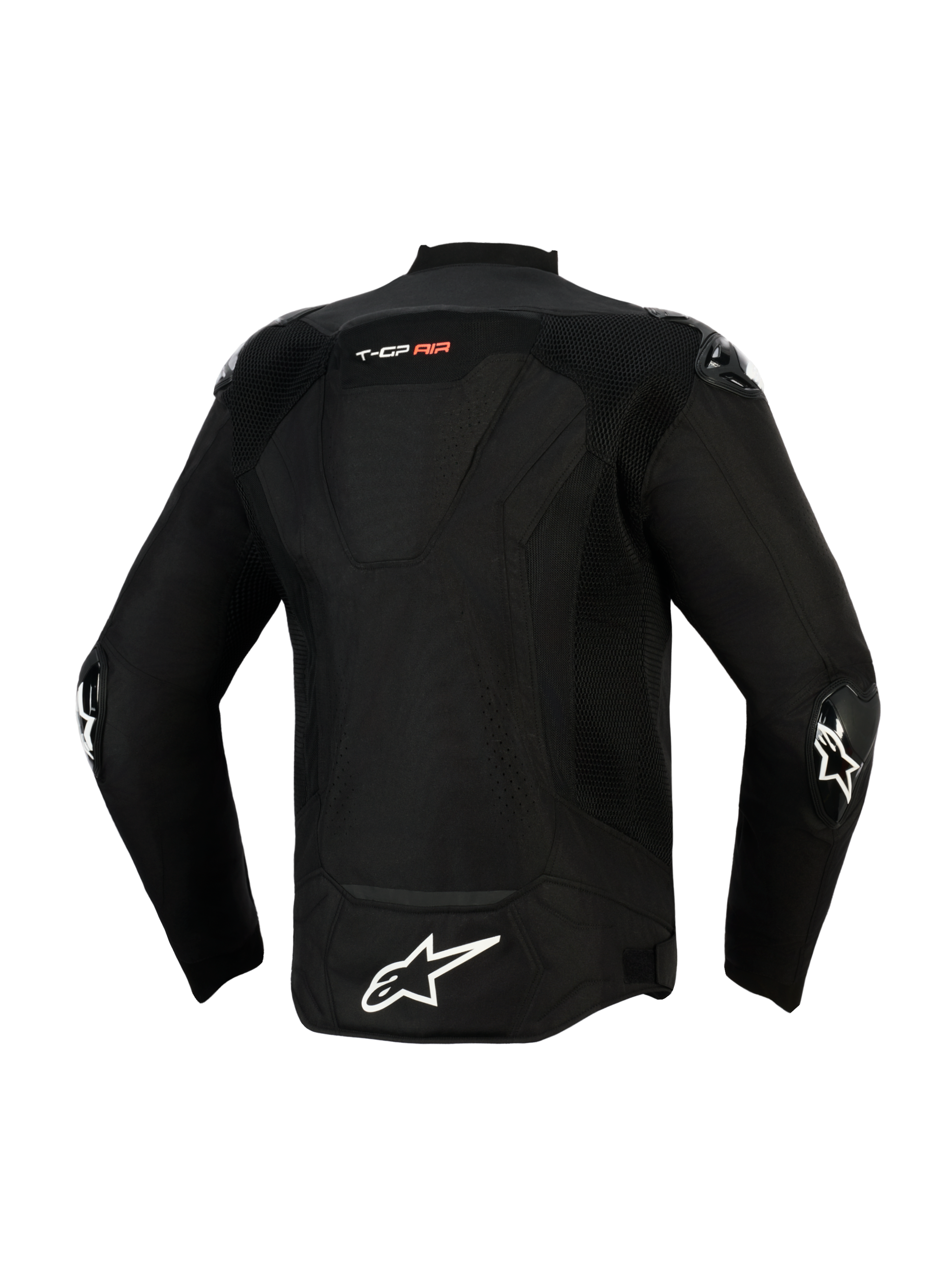 Alpinestars T-GP Air Jacket, Back View, Black, featuring a large white star logo on the lower back and 'T-GP AIR' branding, mesh and laser-perforated panels for airflow, and external sliders on the elbows, sport-derived textile riding jacket