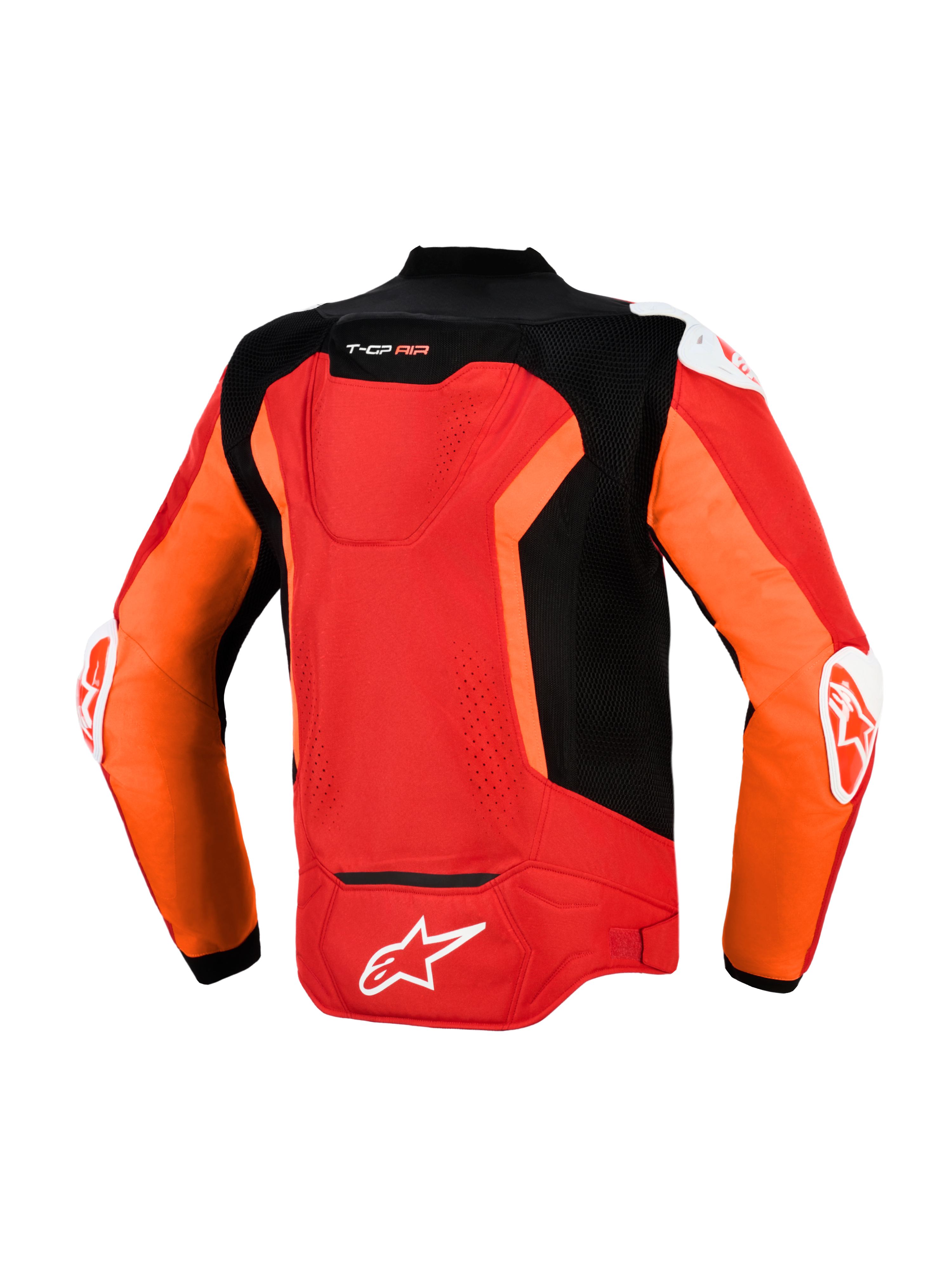 Alpinestars T-GP Air Jacket, Back View, Bright Red Red Fluo and Black, Textile Sport Motorcycle Jacket featuring laser-perforated mesh panels, Supertech R10 aero hump, external DFS shoulder and elbow sliders, and white Alpinestars branding on the lower back.