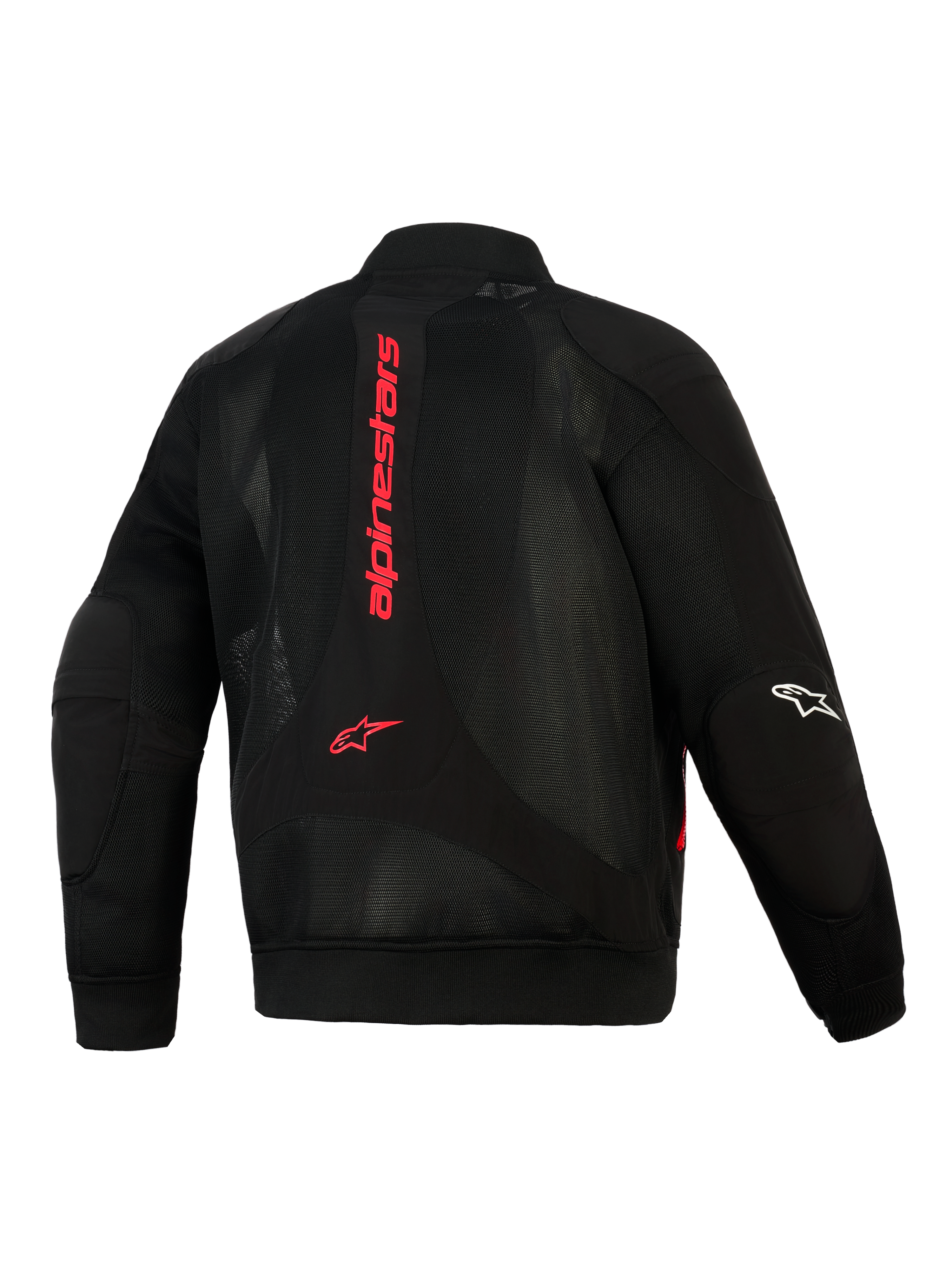 Alpinestars Flight Air Jacket, Black and Bright Red, back view showing 3D mesh construction, vertical red Alpinestars logo on spine, bomber-style silhouette with ribbed waist and cuffs, white logo on sleeve