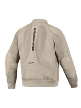 Alpinestars Flight Air Jacket in Aluminum, back view, featuring extensive 3D mesh panels for ventilation, vertical Alpinestars wordmark on the spine, ribbed cuffs and hem, and a modern bomber-style silhouette for urban motorcycle riding.