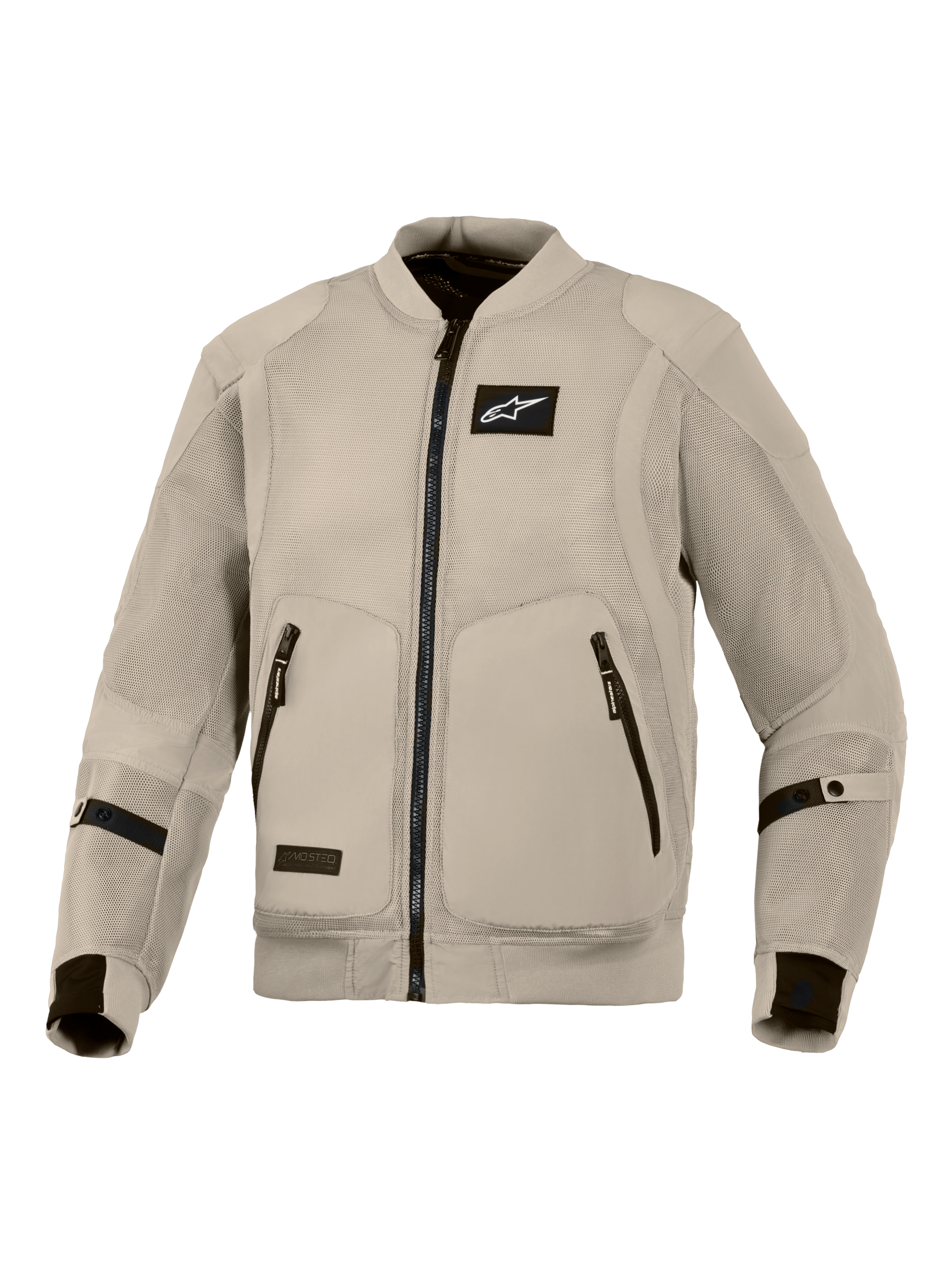 Alpinestars Flight Air Jacket, Aluminum Grey motorcycle jacket, bomber-style urban riding gear featuring extended 3D mesh panels for maximum airflow, black Alpinestars logo on chest, and dual front zippered pockets.