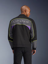 Alpinestars Unite Jacket, Urban Motorcycle Jacket, Black Asphalt Violet, back view featuring grey panels and violet accents, lime yellow piping, large Alpinestars wordmark on the upper back, minimalist streetwear design