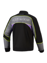 Alpinestars Unite Jacket in Black Asphalt Violet, back view, urban motorcycle jacket with large grey shoulder panel, white outline Alpinestars logo, purple side accents, and high-visibility neon yellow piping along the seams.