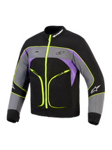 Alpinestars Unite Jacket, Urban Motorcycle Jacket, Black Asphalt Violet with Neon Yellow accents, featuring 3-layer softshell construction, fluorescent yellow zippers and piping, grey and purple color blocking, and Alpinestars branding on the chest and collar.