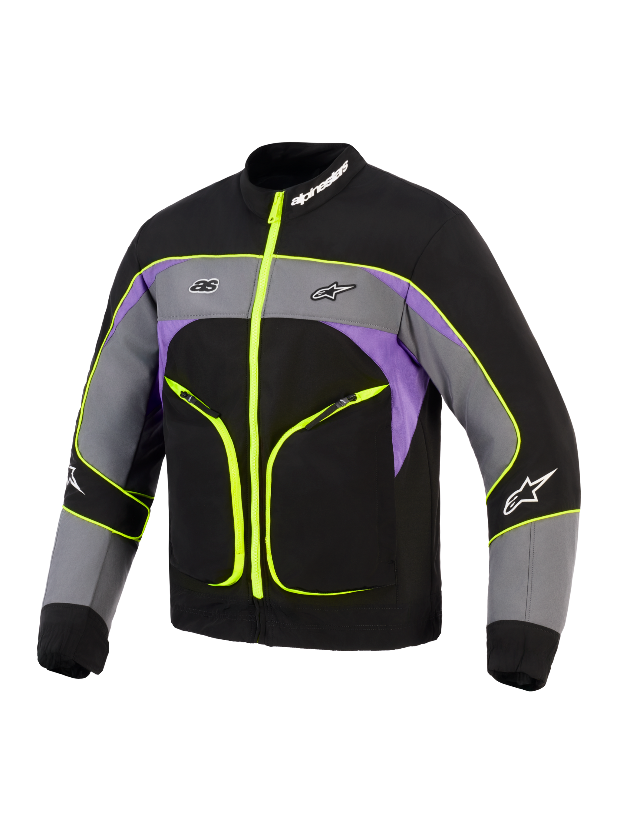 Alpinestars Unite Jacket, Urban Motorcycle Jacket, Black Asphalt Violet with Neon Yellow accents, featuring 3-layer softshell construction, fluorescent yellow zippers and piping, grey and purple color blocking, and Alpinestars branding on the chest and collar.