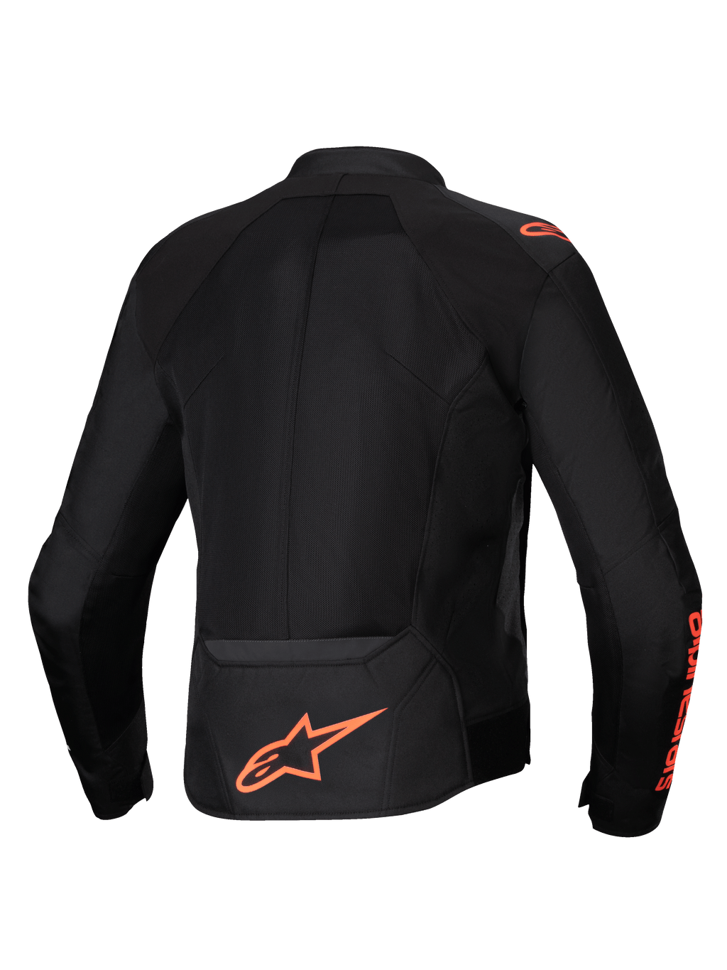 Alpinestars Viper Air V4 Jacket in Black and Red Fluo, back view featuring large tech mesh panels for airflow.