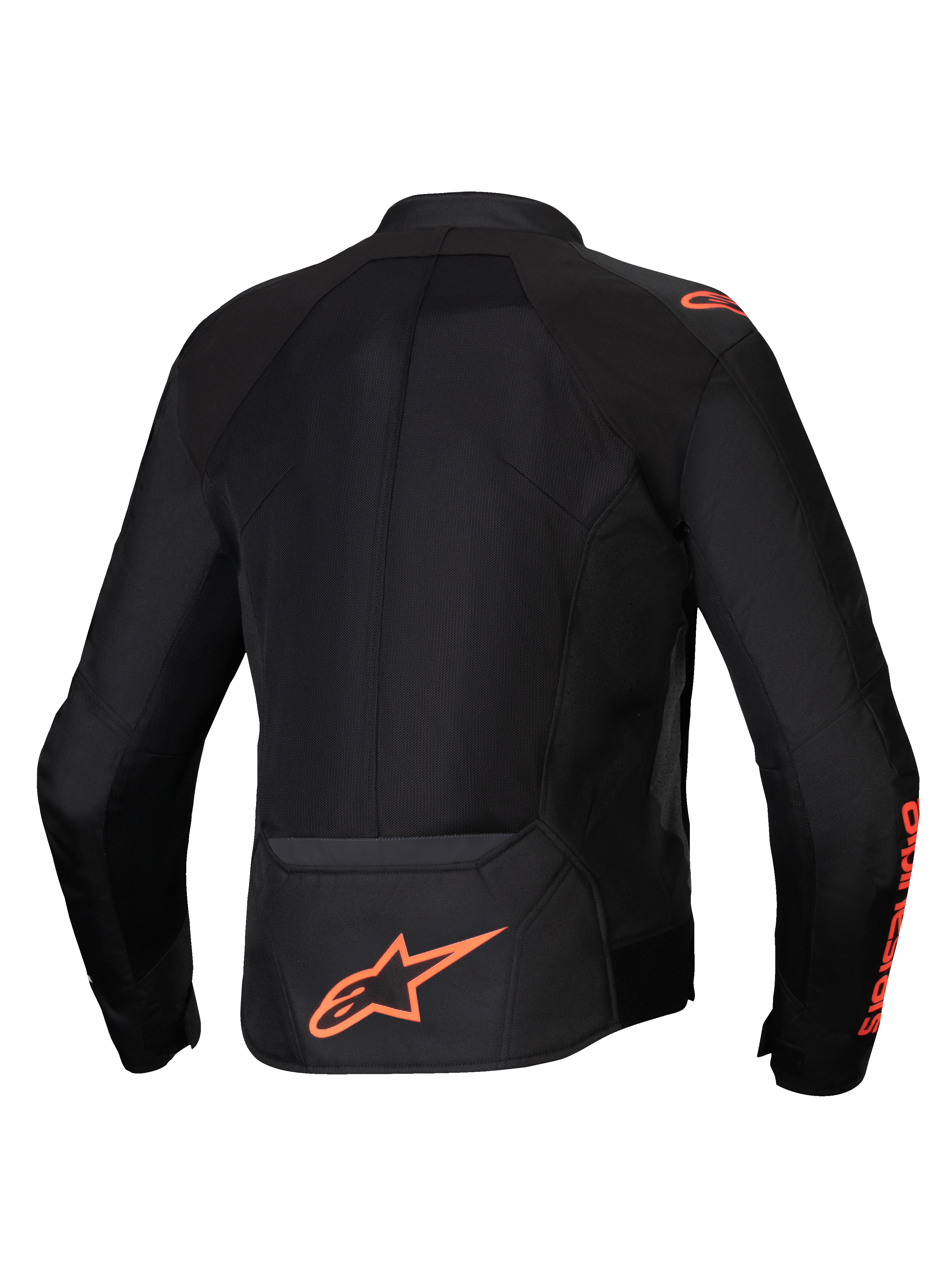 Alpinestars Viper Air V4 Jacket in Black and Red Fluo, back view featuring large tech mesh panels for airflow.