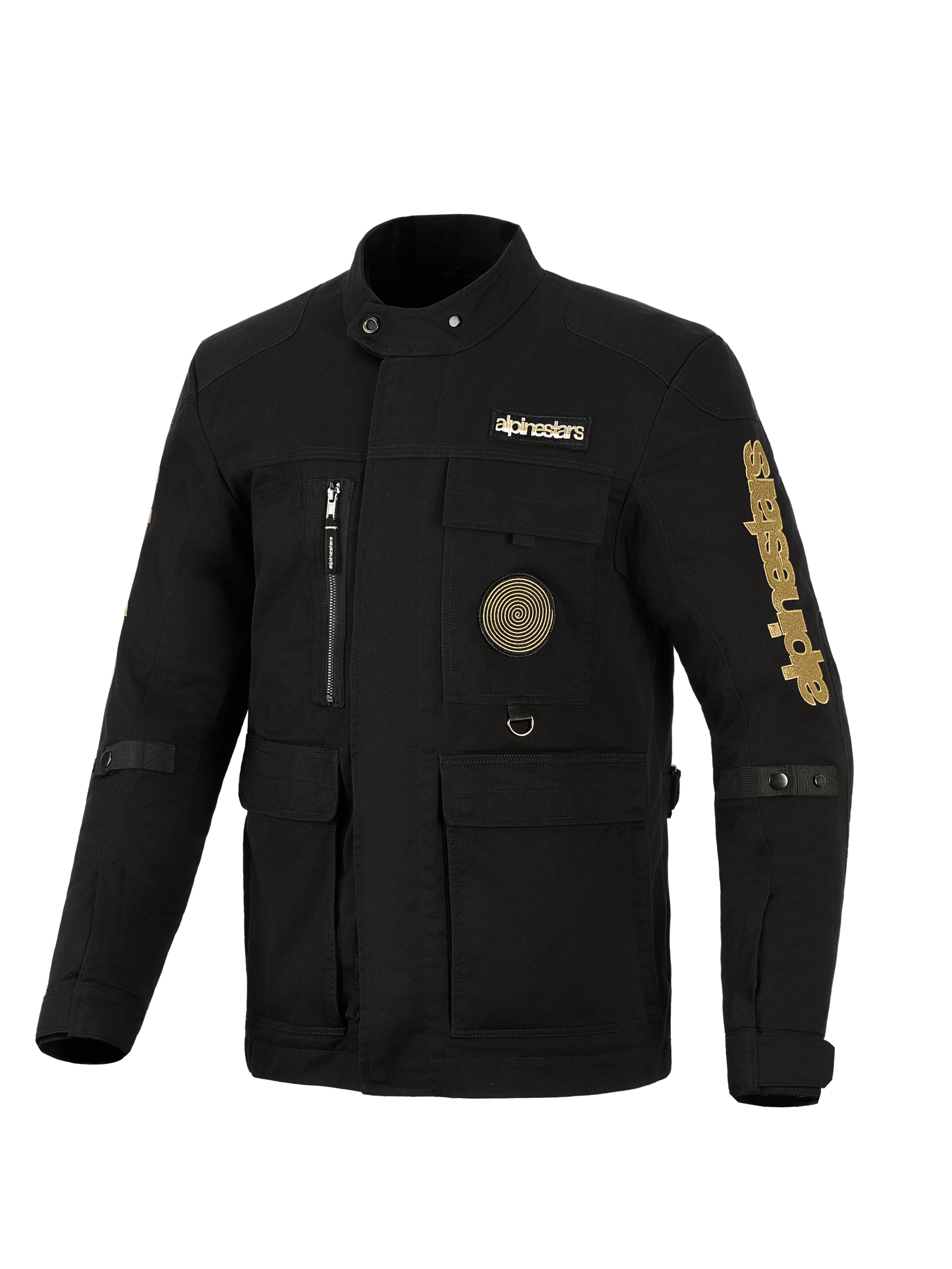 Alpinestars Dice Jacket, Urban Motorcycle Field Jacket, Black with Gold branding, featuring multiple utility pockets, a spiral patch on the chest, and vintage-inspired field jacket styling in water-repellent textile.