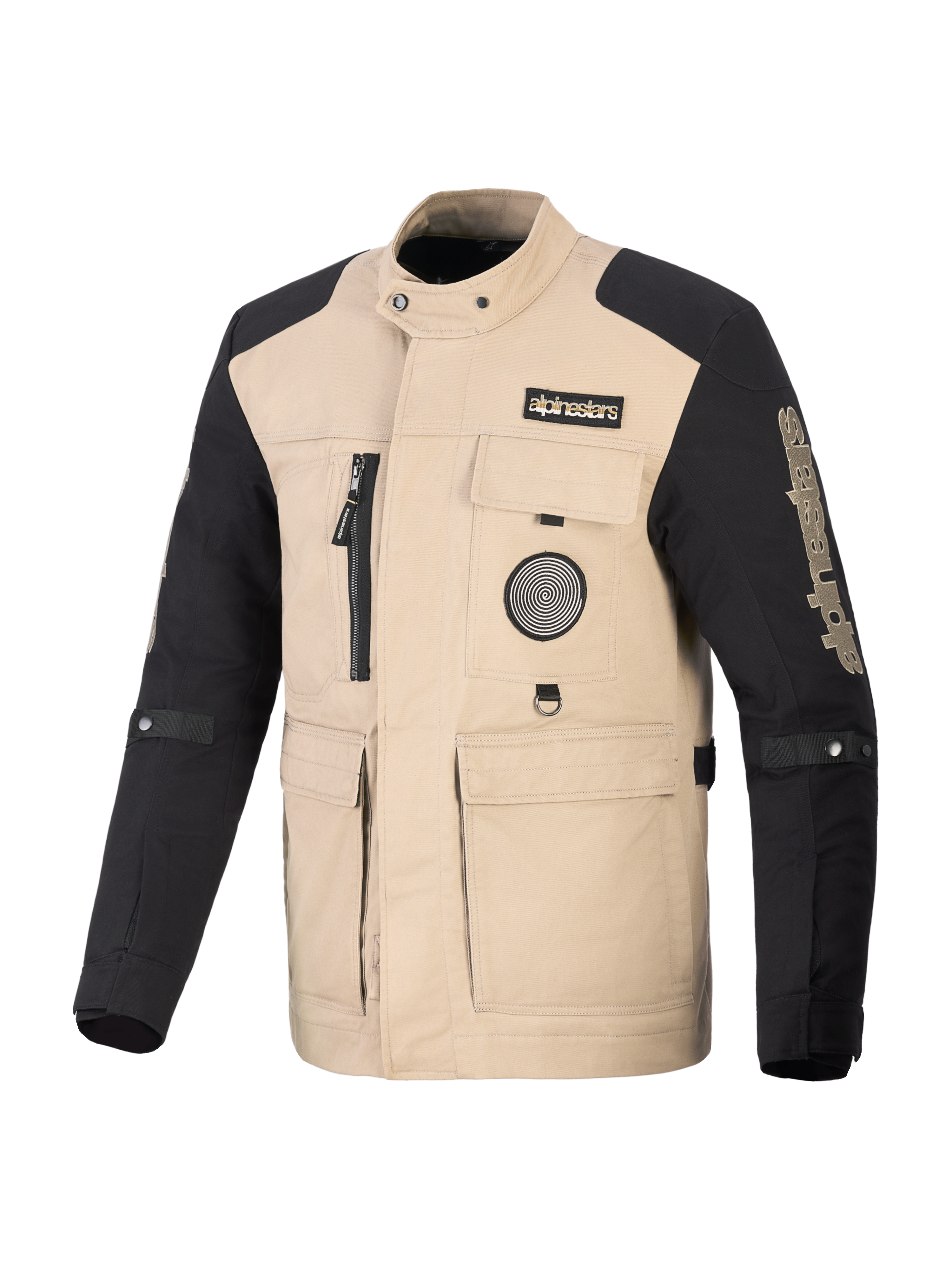 Alpinestars Dice Jacket, Urban Motorcycle Jacket, Tan and Black, workwear-inspired design with four front utility pockets and logo patches, rugged textile construction for street performance