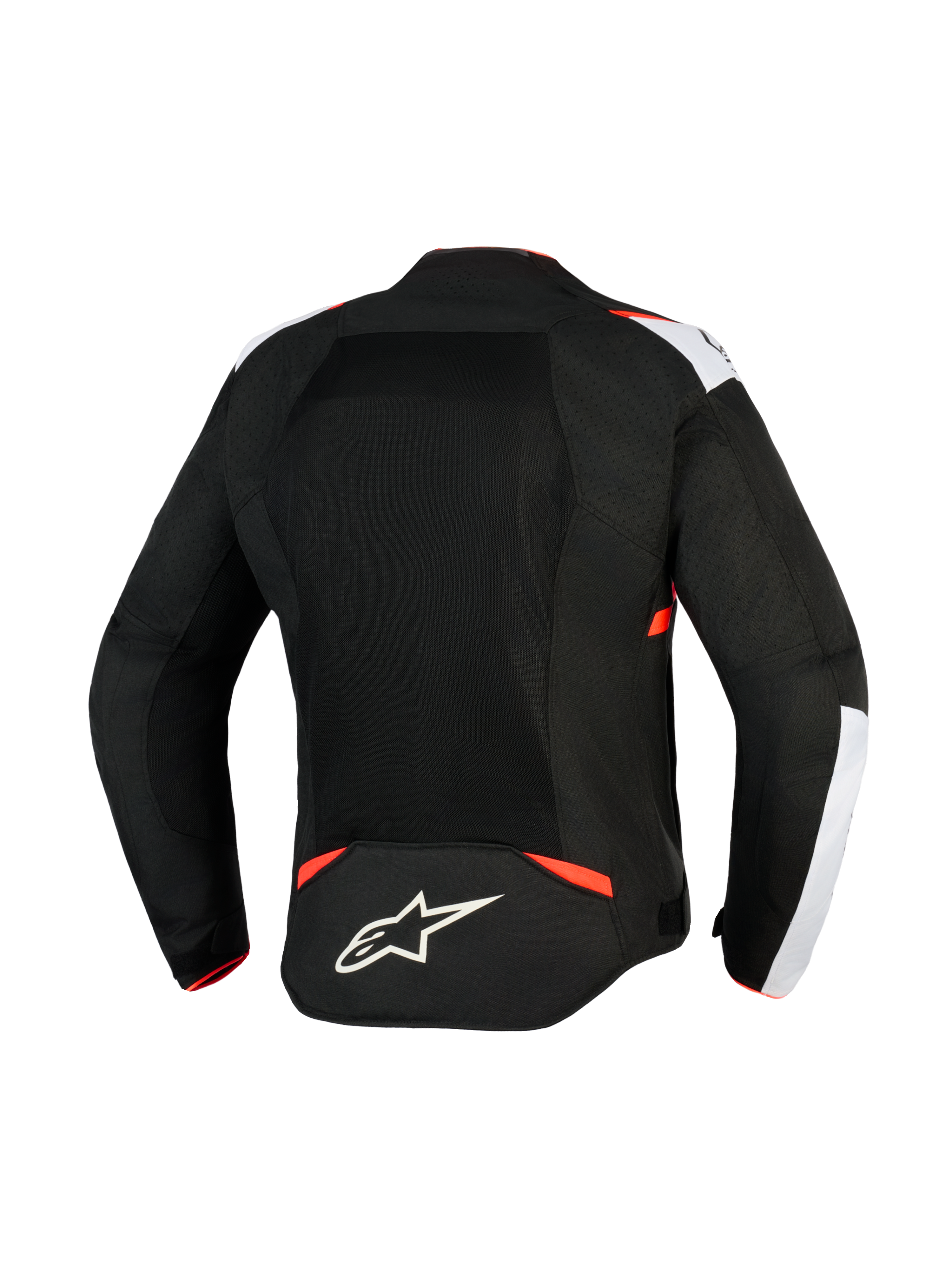 Alpinestars T-Sps Air V2 Jacket, Textile Motorcycle Jacket, Black White and Red Fluo, rear view featuring large mesh panels for airflow, white shoulder accents, Alpinestars star logo on lower back, urban sport design.