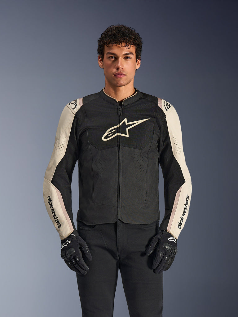 T-SPS Air V2 Jacket, Motorcycle Riding Jacket, Black and Beige, Alpinestars logo on chest, sporty fitted design with front zipper, modern performance wear