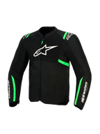 Alpinestars T-SPS Air V2 Jacket, Black and Fluo Green, front view featuring white Alpinestars logo on chest, tech mesh panels for ventilation, and green accents on shoulders and sleeves, sport motorcycle riding gear