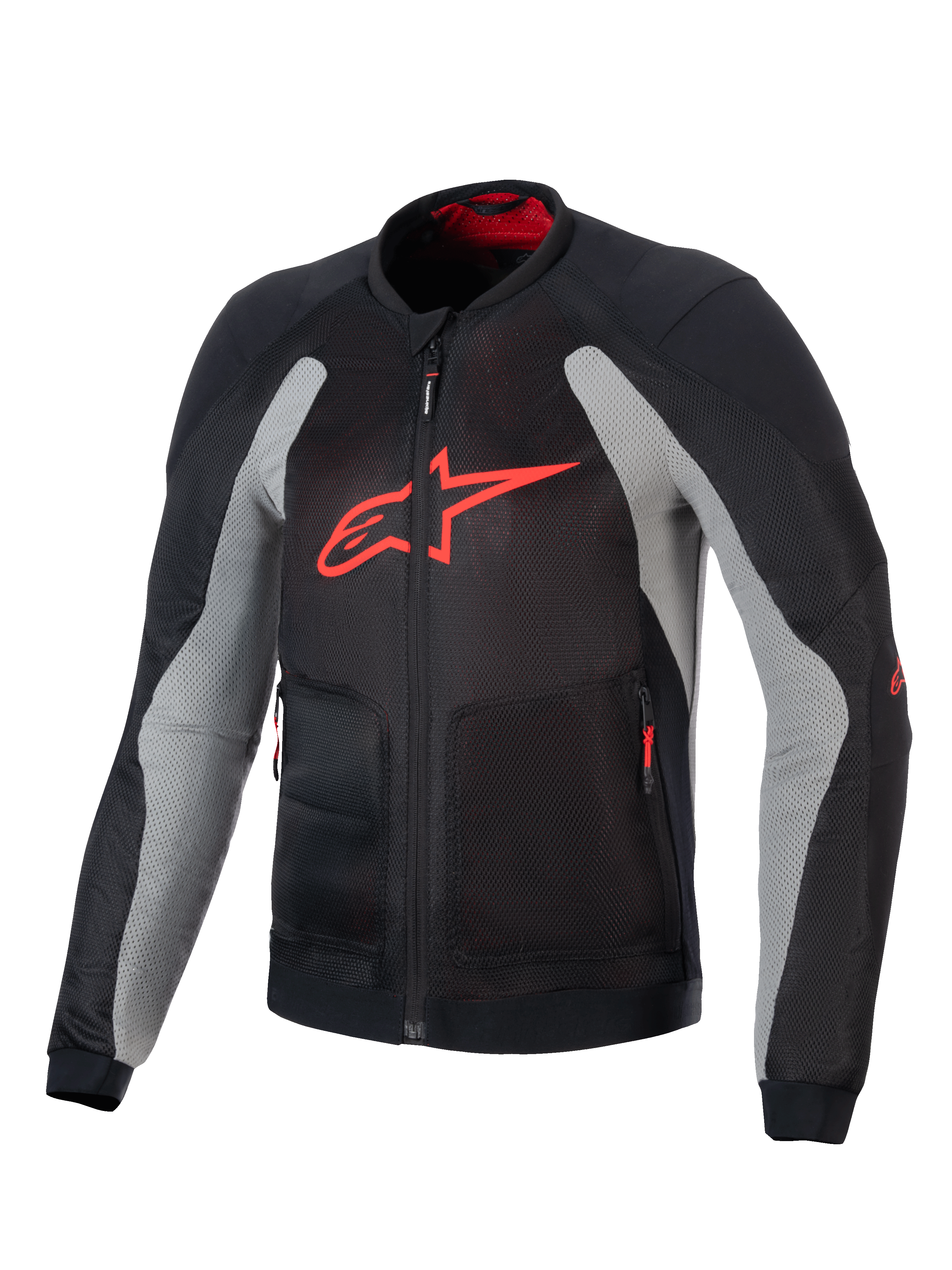 Alpinestars Troop-Air Jacket, Technical Motorcycle Air Jacket, Black and Ash Gray with Bright Red, featuring a large red A-star logo on the chest, mesh construction for airflow, and technical riding design.
