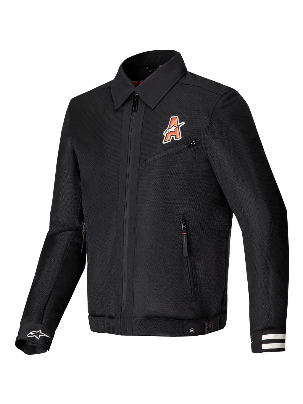 Alpinestars Ignite Air Jacket, urban motorcycle jacket with mesh body construction and CE certification, Black, featuring club-inspired graphics and a traditional shirt collar