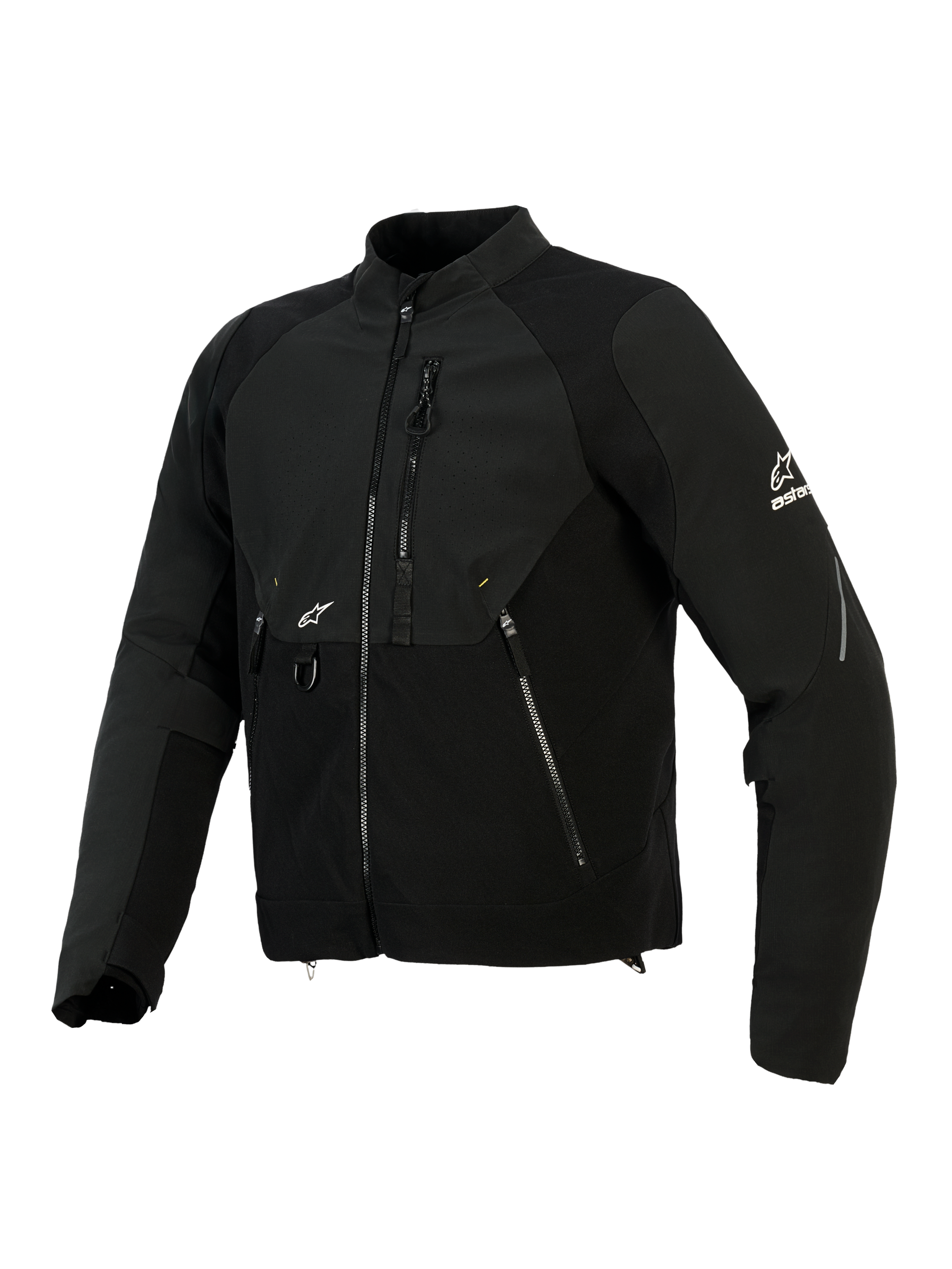Alpinestars Provoke Jacket, Textile Motorcycle Jacket, Black, features ripstop softshell panels, laser-perforated chest zone, zippered pockets, white Alpinestars logo on sleeve and chest, urban contemporary riding gear