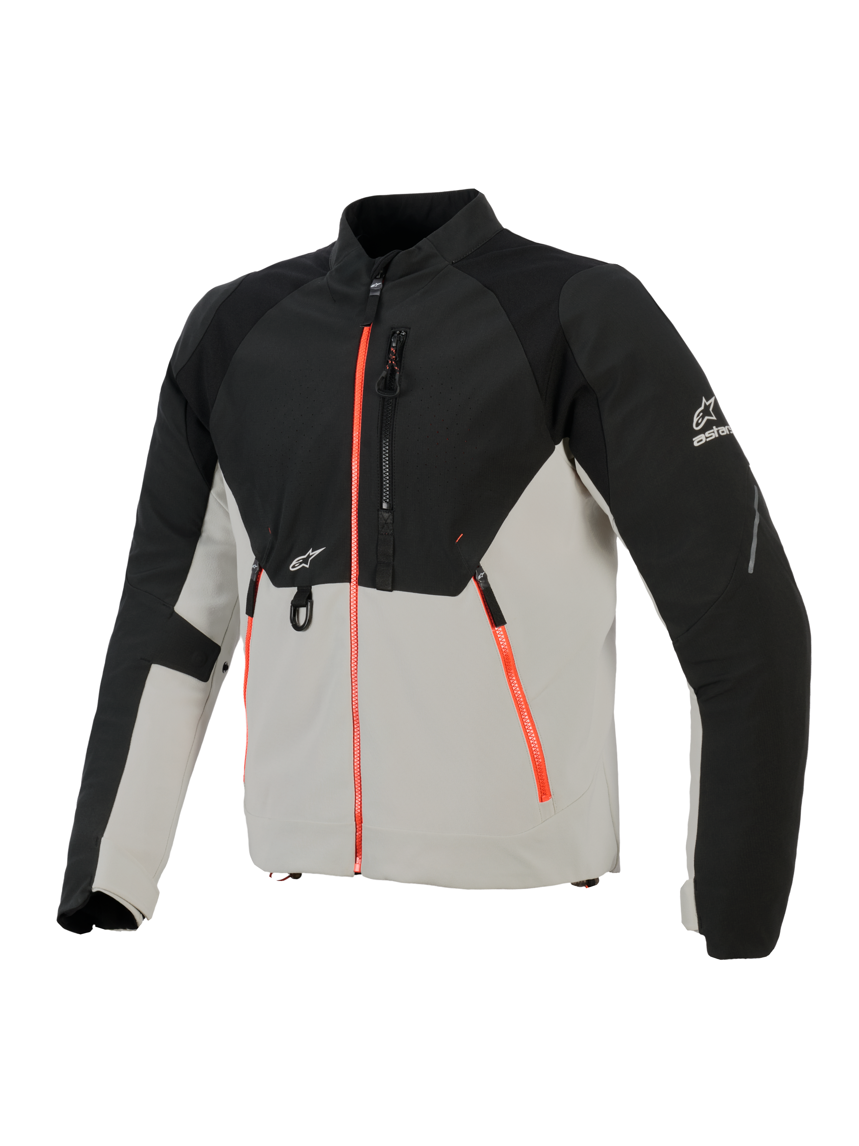 Alpinestars Provoke Jacket, Urban Motorcycle Jacket, Black and Metal Gray with fluorescent red zipper accents, featuring laser-perforated chest panels, ripstop softshell reinforcements, and front D-ring attachment, street-ready design for warm-weather riding