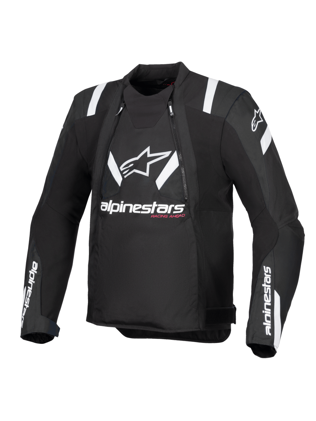 Alpinestars T-Stunt Air Jacket, Black and White, front view of sport-cut motorcycle jacket, featuring large white Alpinestars logo and text on chest, white accents on shoulders, and mesh panels for modular ventilation