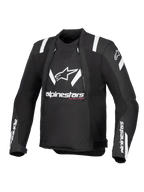 Alpinestars T-Stunt Air Jacket, Black and White, front view of sport-cut motorcycle jacket, featuring large white Alpinestars logo and text on chest, white accents on shoulders, and mesh panels for modular ventilation