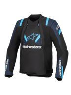 Alpinestars T-Stunt Air Jacket, Black with Dark Blue and Bright Blue accents, textile motorcycle jacket with modular mesh panels, Alpinestars branding on the chest and sleeves, sleek sport-cut design