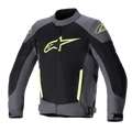 Alpinestars T-SP X Superair Jacket, Motorcycle Textile Jacket, Tar Gray and Black with Yellow Fluo accents, featuring a large yellow logo on the chest, extensive mesh paneling for ventilation, and sport fit design for summer riding