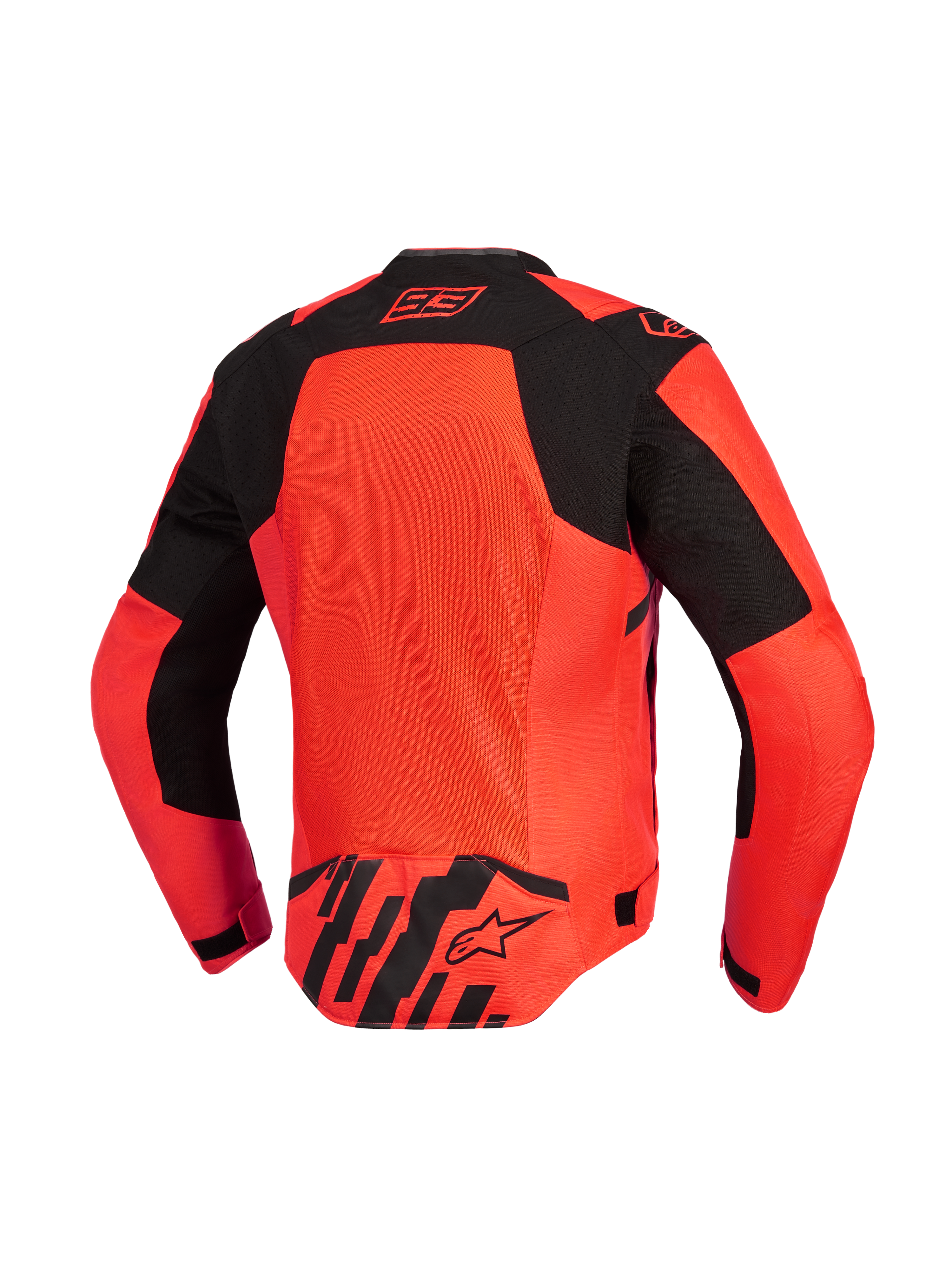 Alpinestars MM93 T-SPS Air V2 Jacket, back view, Red Fluo and Black, motorcycle jacket featuring a large mesh ventilation panel, signature Marc Marquez 93 logo on the collar, and Alpinestars logo on the lower back