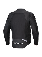 Alpinestars Honda T-SPS Air V2 Jacket, Black, Rear view featuring a large mesh back panel for airflow, white Honda logo on the lower back, and Alpinestars branding on the shoulders, textile motorcycle jacket for summer riding.