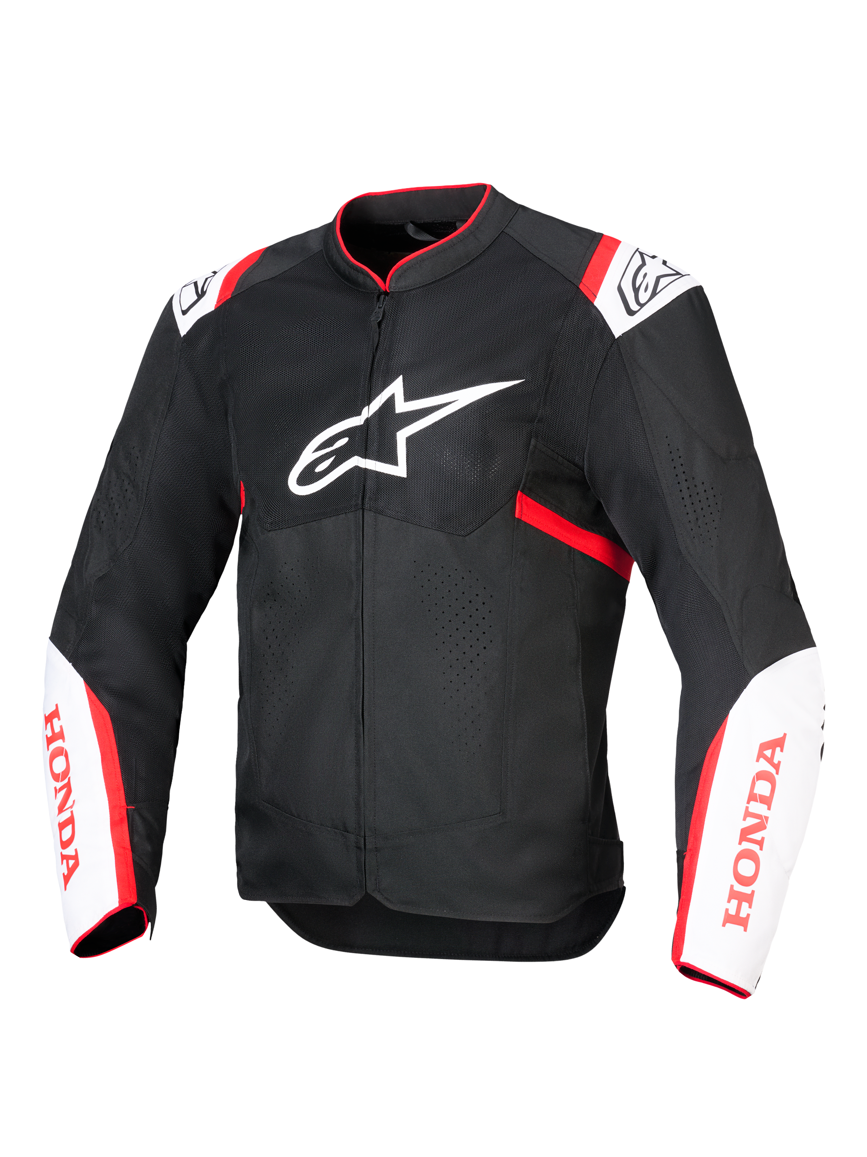 Alpinestars Honda T-SPS Air V2 Jacket, Motorcycle Textile Jacket, Black with White and Bright Red accents, featuring ventilated tech mesh panels, Alpinestars logo on chest and red Honda branding on sleeves, sporty urban design for airflow
