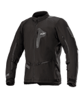 Alpinestars Venture XT Jacket, Black textile motorcycle jacket, front view showing zippered chest pocket and large sleeve vents, adjustable straps on arms, high collar, water-resistant construction for adventure touring.