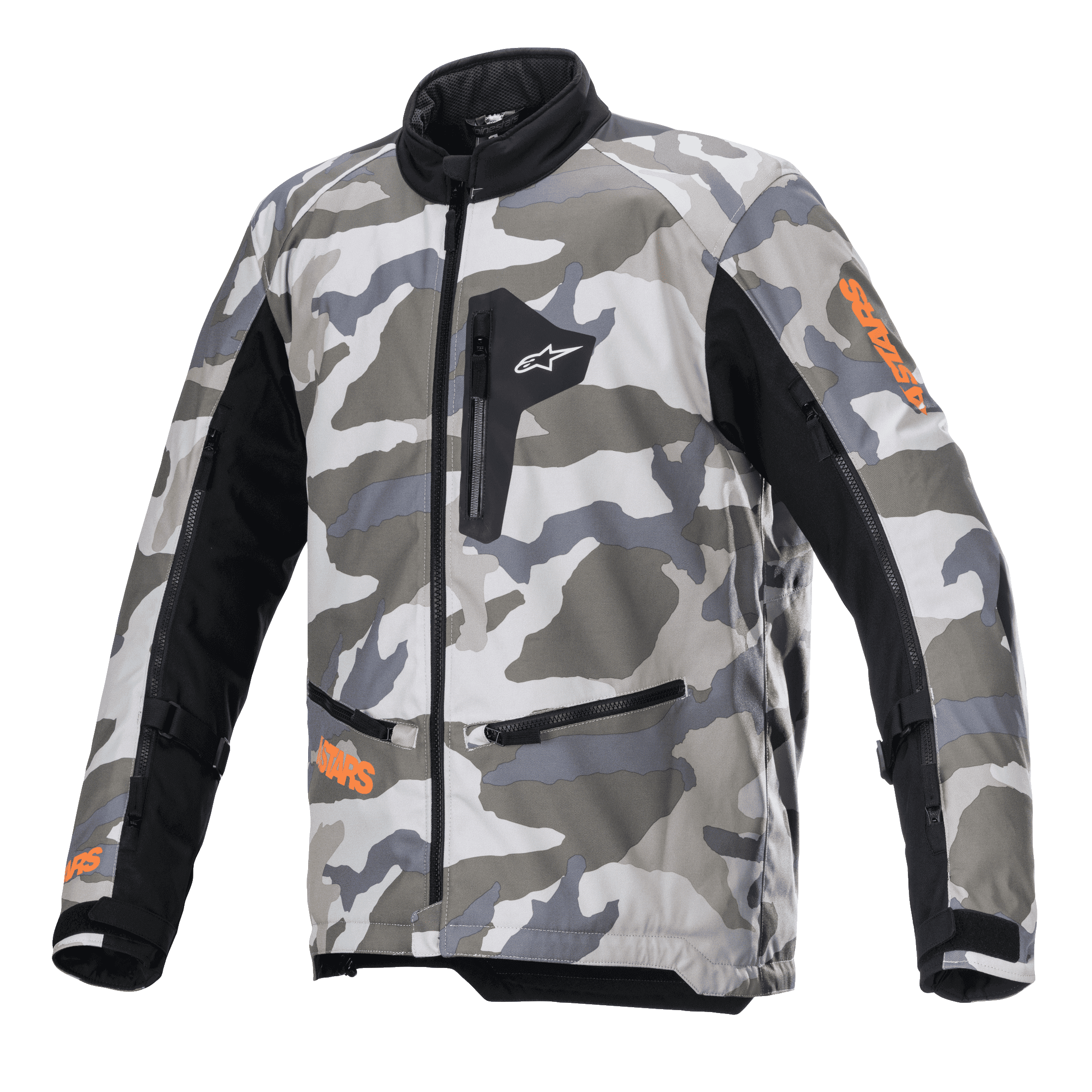 Alpinestars Venture XT Jacket, Motorcycle Adventure Touring Jacket, Mojave Camo in shades of gray and white with orange fluo accents, black textile panels on sleeves, zippered chest and waist pockets, high collar, durable textile construction for off-road adventure