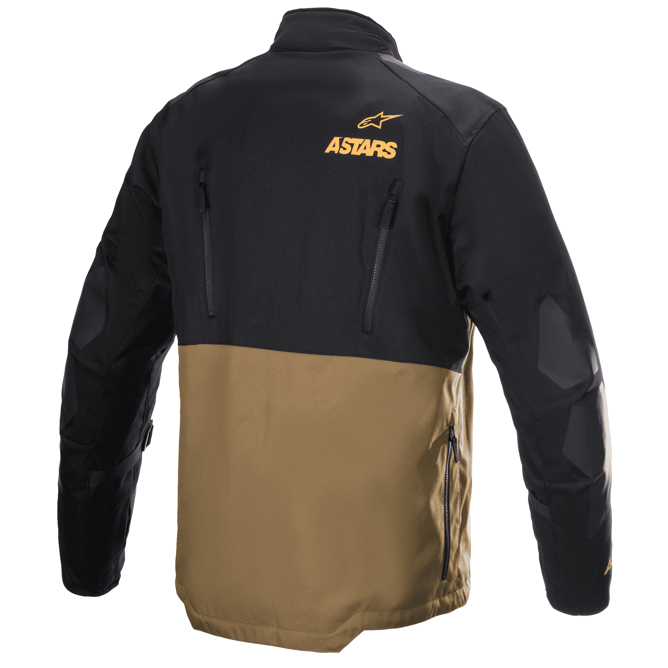 Alpinestars Venture XT Jacket, Adventure Touring Motorcycle Jacket, Camel and Black, rear view showing orange Astars logo, vertical ventilation zippers, and reinforced elbow panels