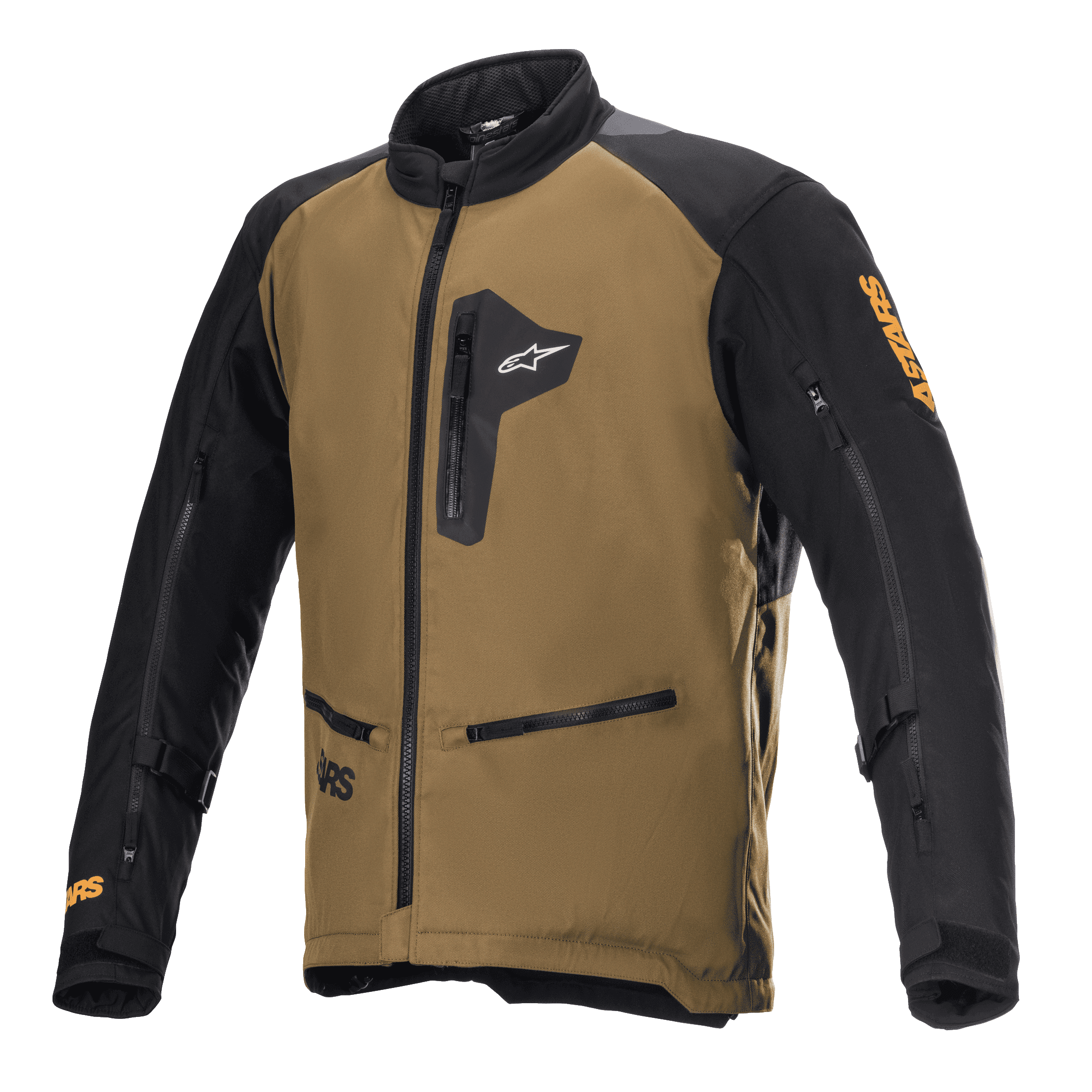 Alpinestars Venture XT Jacket, Motorcycle Adventure Touring Jacket, Camel and Black, featuring zippered chest and hand pockets, sleeve ventilation zips, adjustable arm straps, and orange Astars branding