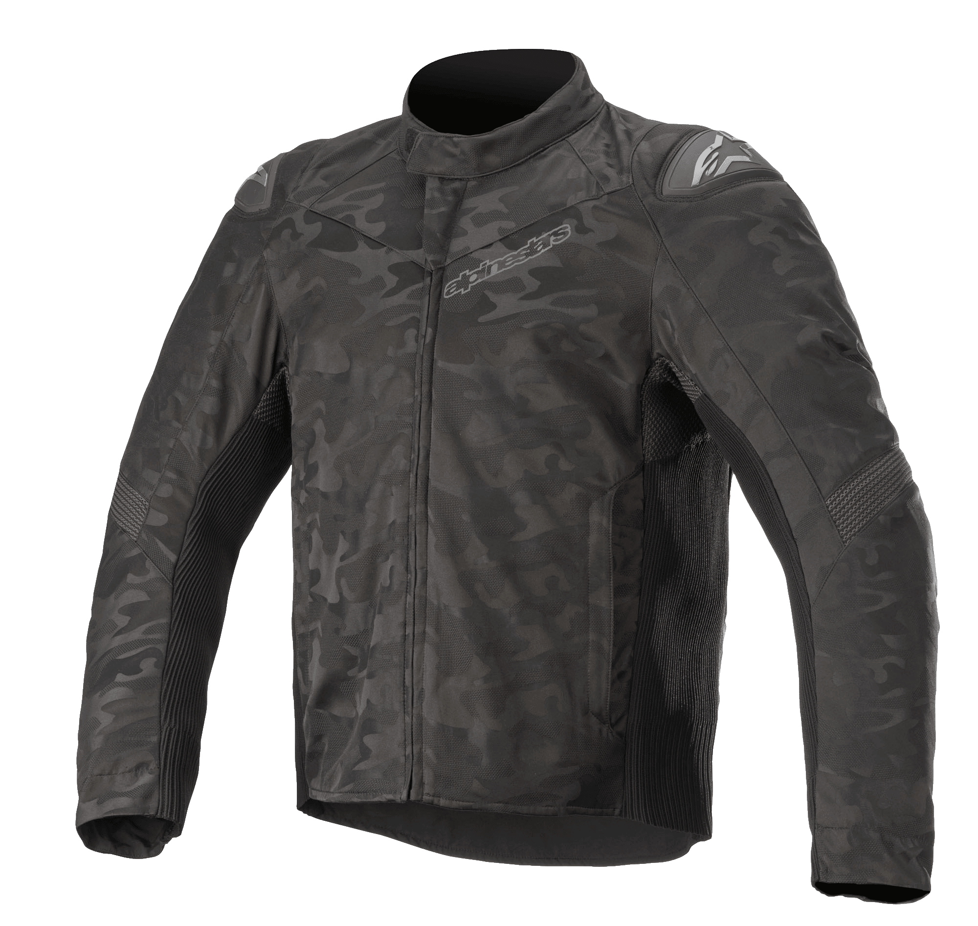 Alpinestars T SP-5 Rideknit® Textile Jacket, Motorcycle Jacket, Black Camo, featuring a dark camouflage pattern, ribbed knitted panels for stretch, external shoulder sliders, high collar, and a streamlined sport fit