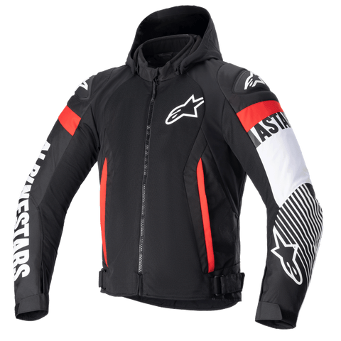 Alpinestars Zaca Air Jacket, Black textile motorcycle jacket with red and white fluo accents, featuring a detachable hood, 3D mesh panels for ventilation, bold white Alpinestars branding on sleeves, star logo on chest, and adjustable waist straps.