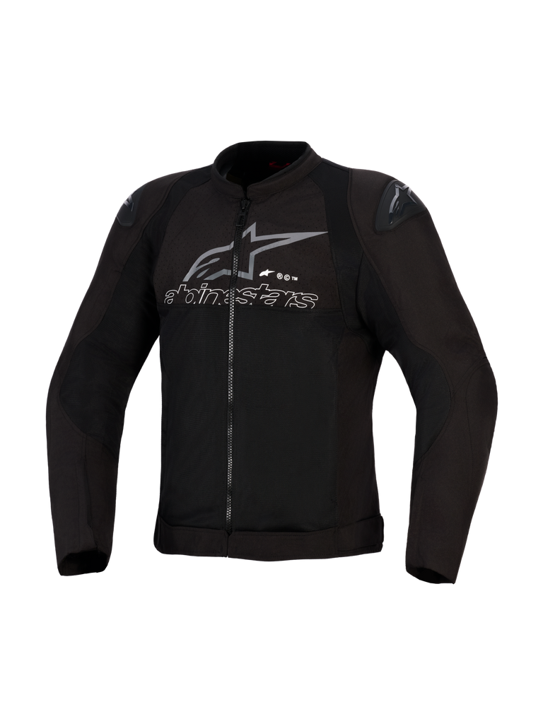 Alpinestars SMX Air Jacket, Black and Anthracite, ventilated textile motorcycle jacket, high-flow mesh panels, DFS Lite shoulder sliders, grey Alpinestars logo and text on the chest