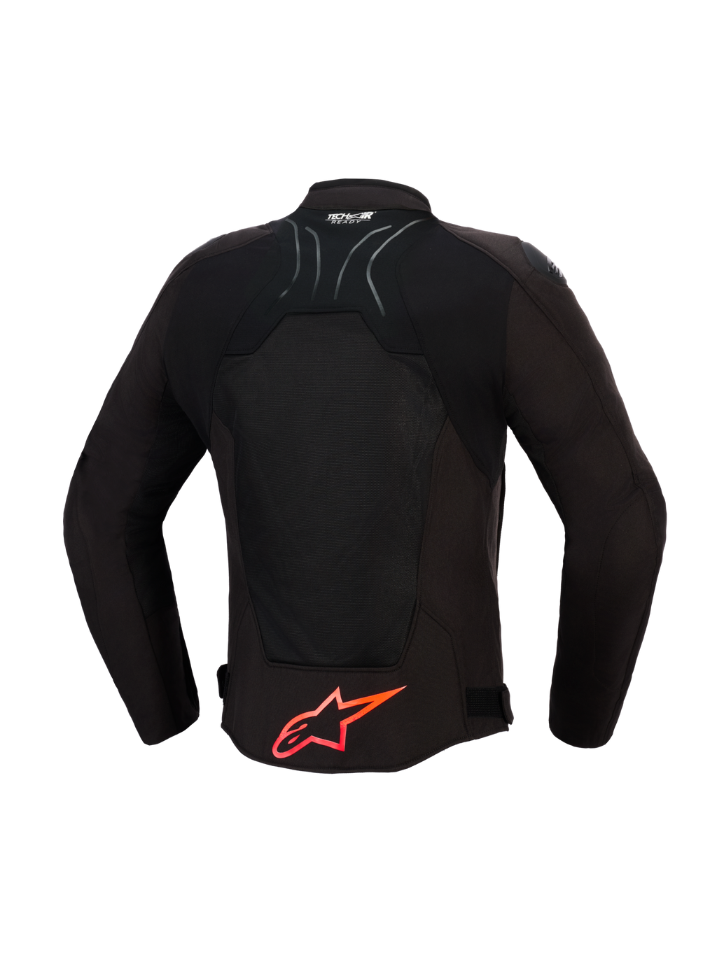 Alpinestars SMX Air Jacket, Motorcycle Jacket, Black with Bright Red details, back view showing tech mesh panels for airflow, large red Alpinestars logo on lower back, Tech-Air Ready logo on collar, sporty design for high-performance riding.