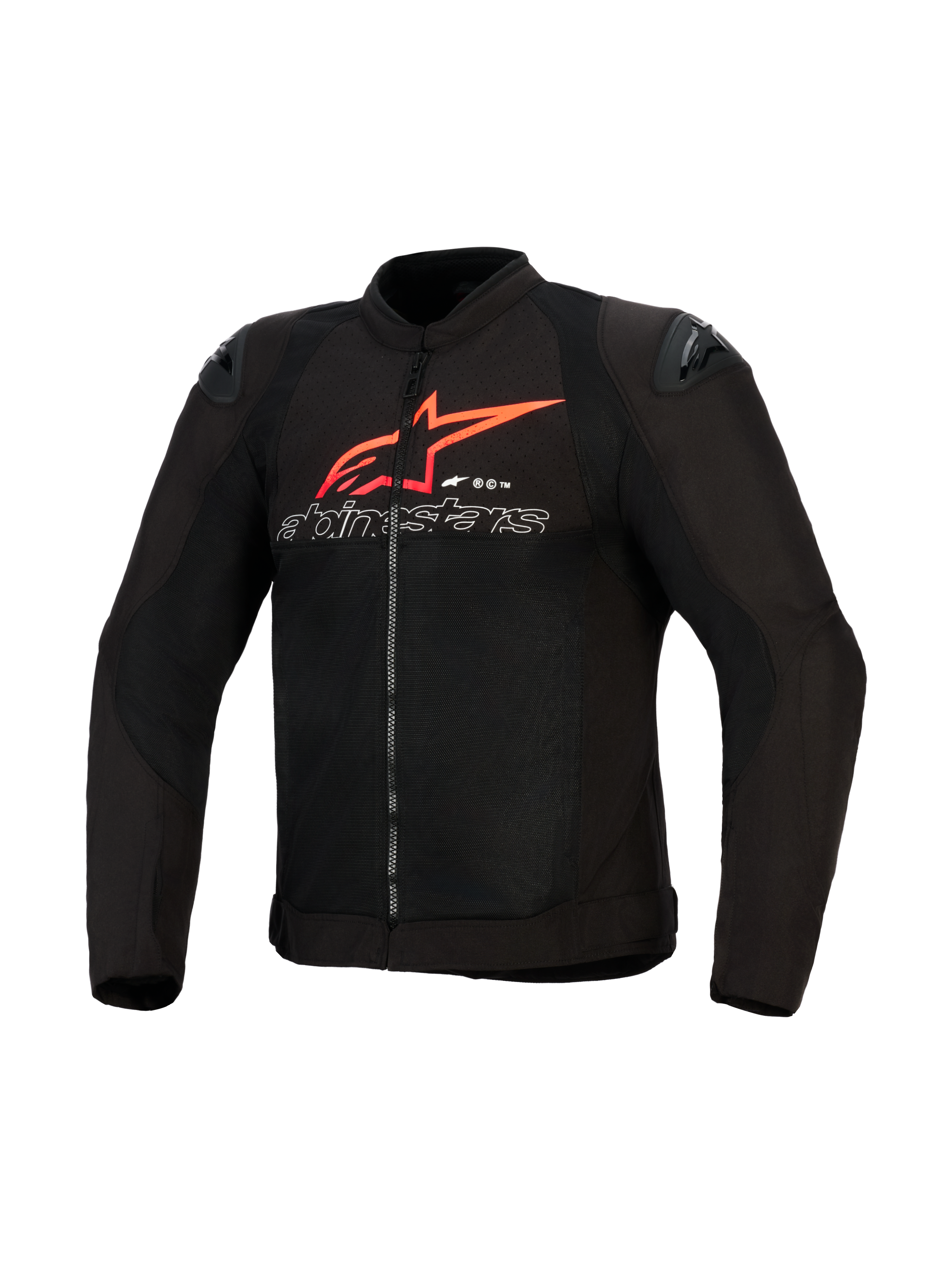 Alpinestars SMX Air Jacket, Motorcycle Jacket, Black with Bright Red and White accents, featuring a large red Alpinestars star logo and white outlined text on the chest, mesh paneling with black shoulder sliders, performance sport riding apparel.