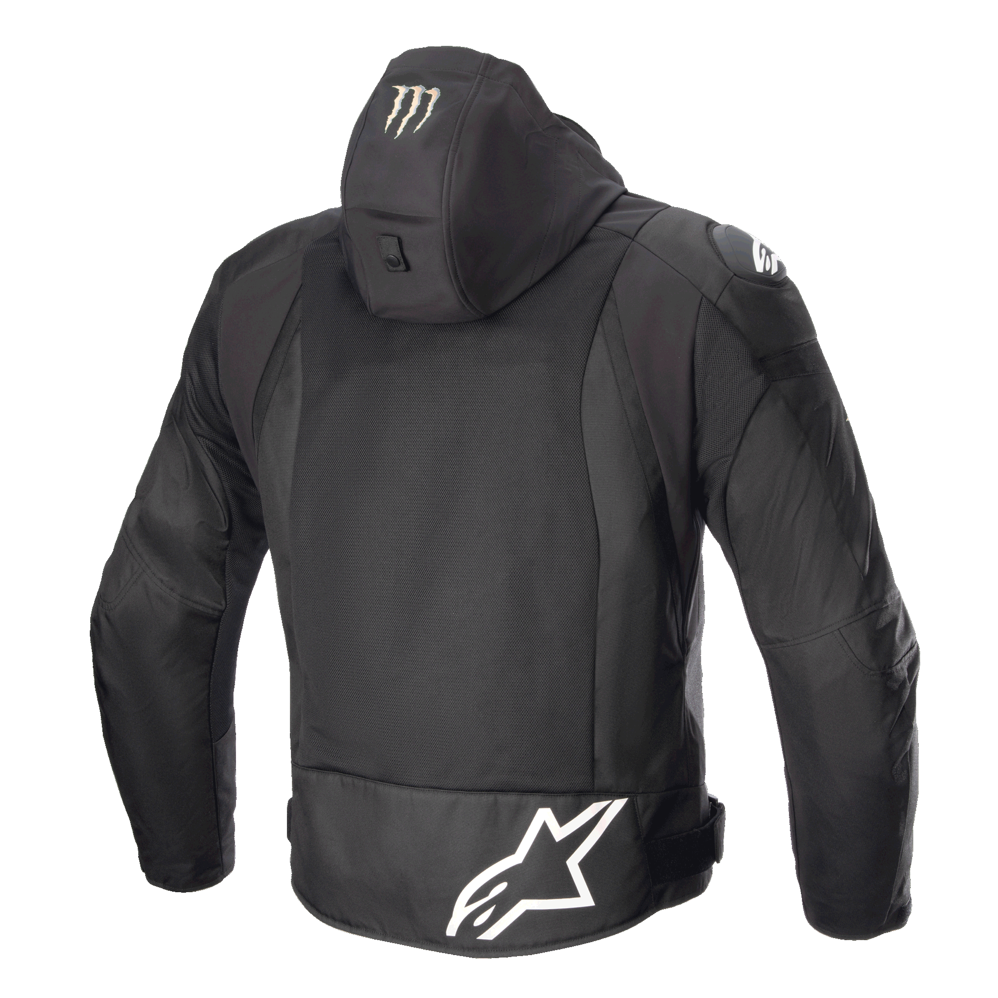 Alpinestars FQ20 Zaca Air Monster Jacket, Textile Motorcycle Jacket, Black and White, Rear view showing large white Alpinestars logo on the lower back, Monster Energy claw logo on the hood, 3D mesh ventilation panels, and DFS Lite shoulder sliders.