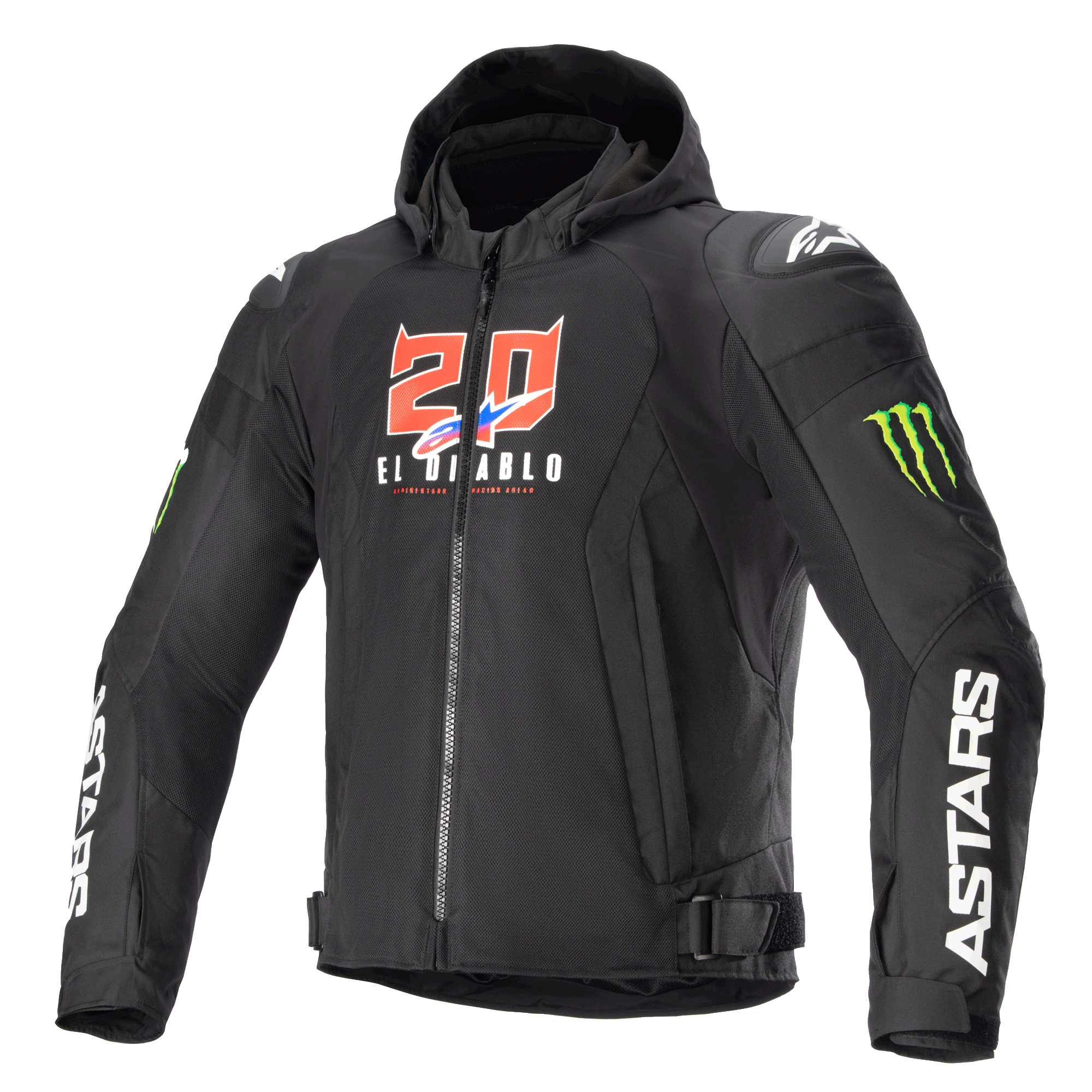 Alpinestars FQ20 Zaca Air Monster Jacket, Black textile motorcycle jacket with hood, featuring red and white "20 El Diablo" graphics, green Monster Energy claw logos, white ASTARS branding on sleeves, DFS Lite shoulder sliders, zip closure